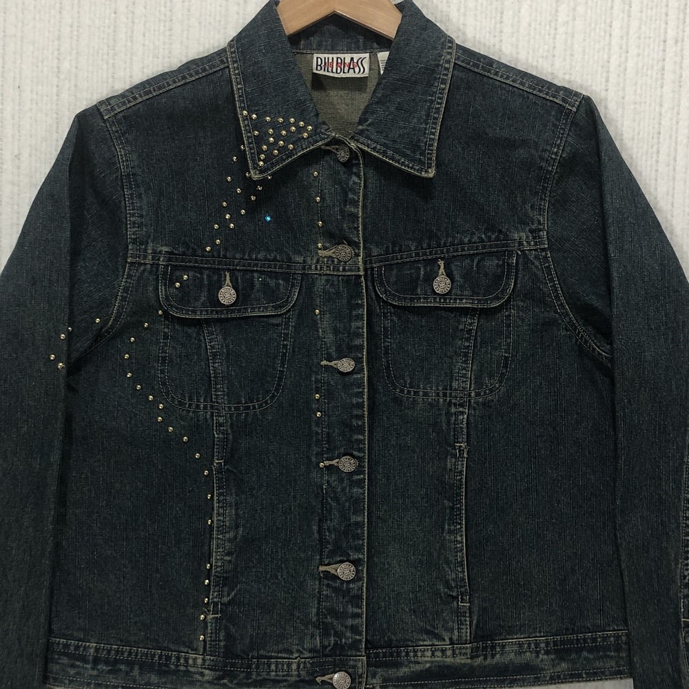 Bill Blass Jeans Womens M Dark Wash Studded Denim Trucker Jacket RN 83910